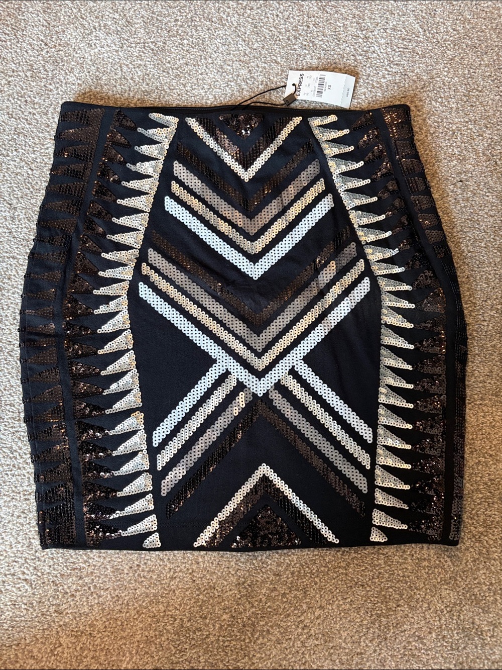 NWT Express Black Mini Skirt with Silver Sequin Chevron Design